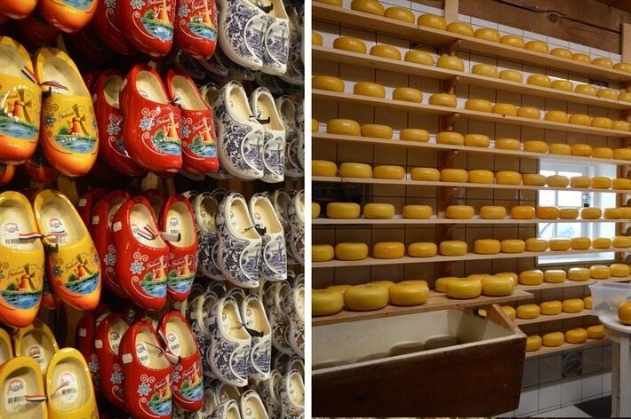 À esquerda, loja de sapatos típicos holandeses, e à direita, fábrica de queijos - ambos em Zaanse Schans
